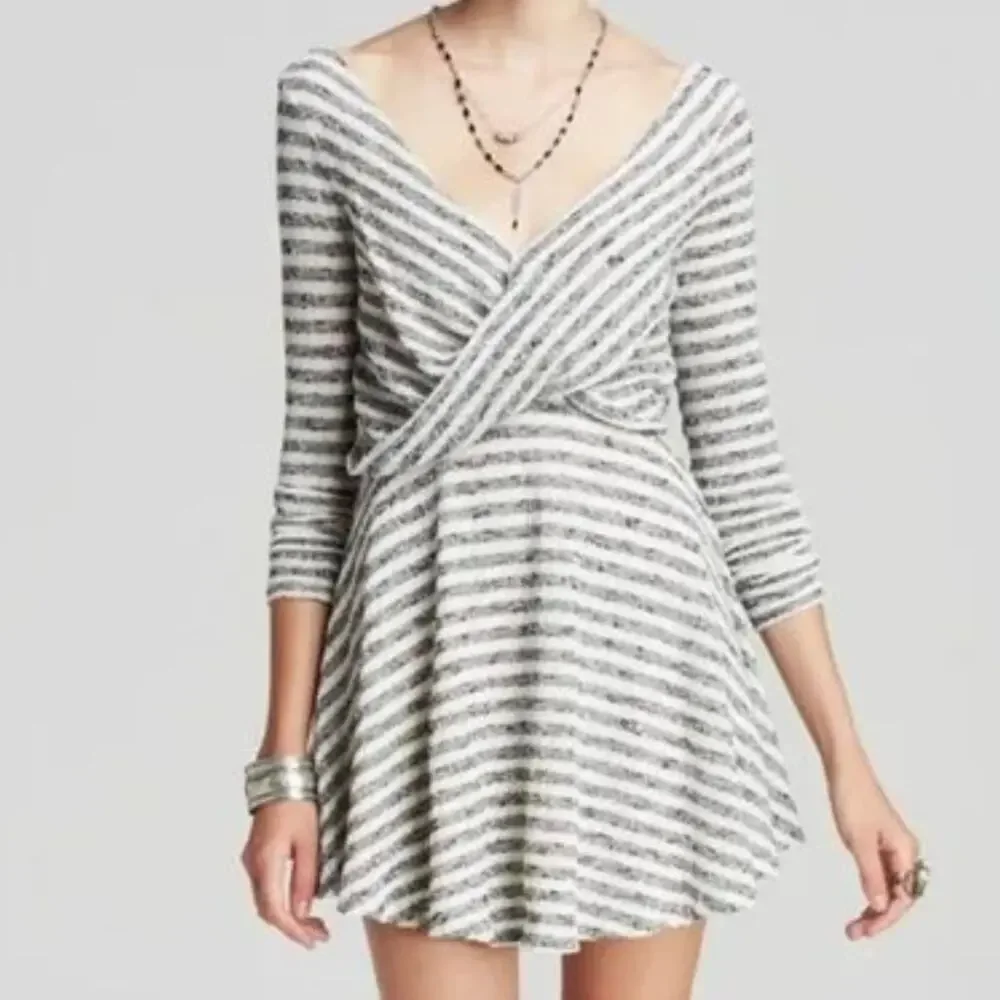 Free People Maverick Surplice Mini Dress Size‎ M Black Cream Striped Low V Neck